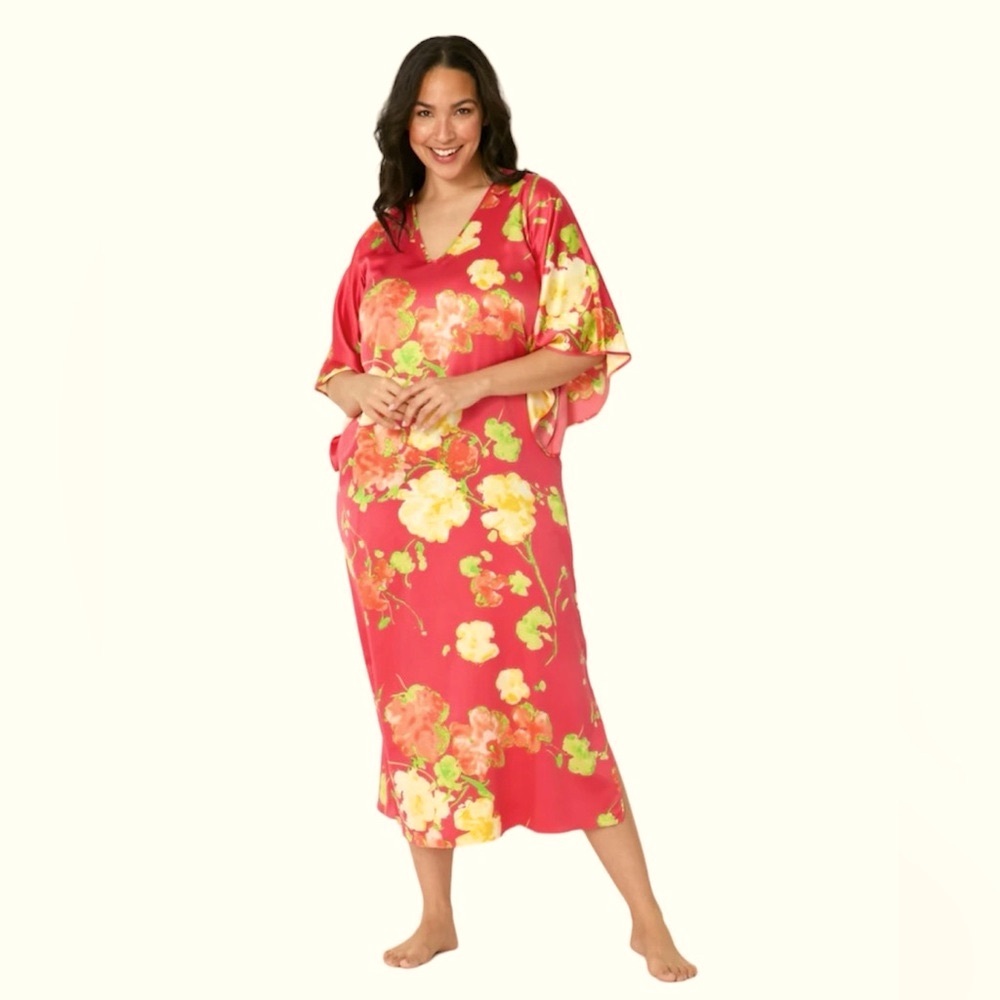 Natori N Floral Stretch Silky Satin V-Neck Caftan Pockets Midi Side Slits Dress‎